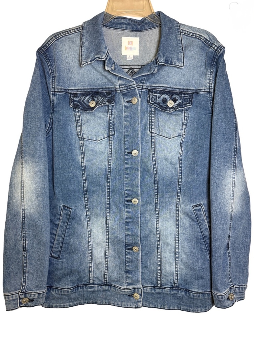 LulaRoe Jaxon Tribal Embroidered Blue Denim Jean Jacket Ladies Large